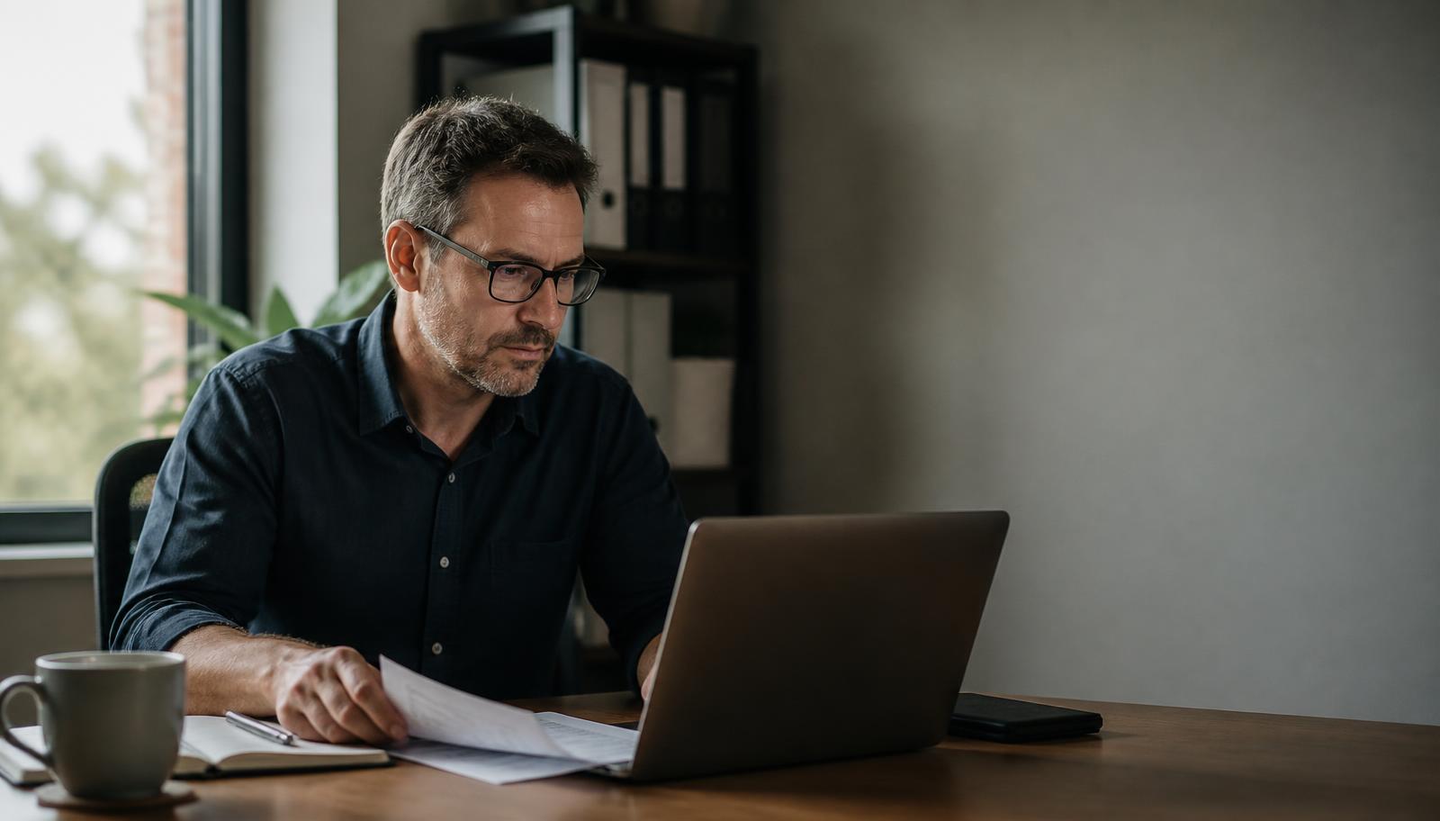 Professional reviewing a supplier document beside a laptop