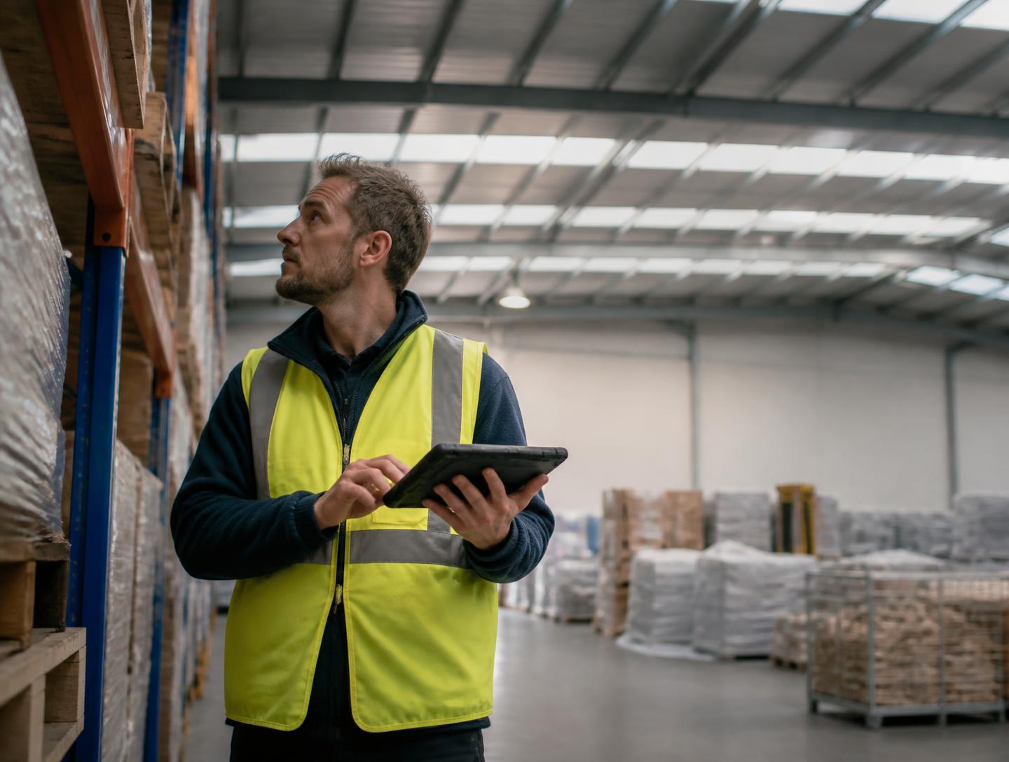 Operations coordinator checking stock on a warehouse floor with a tablet